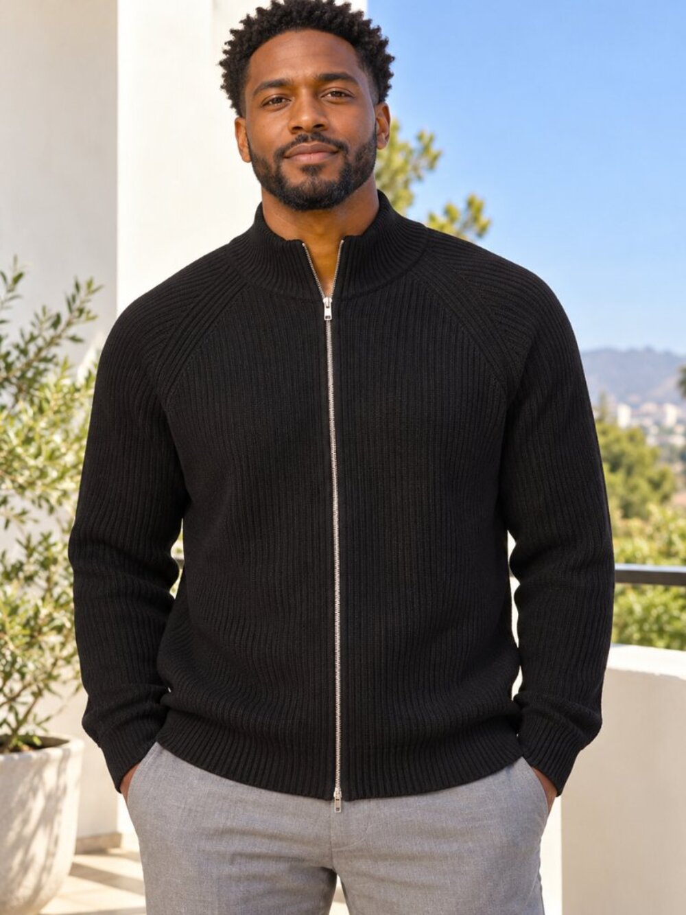 Quince Black 100% Mongolian Cashmere Ribbed Full-Zip Sweater Medium
